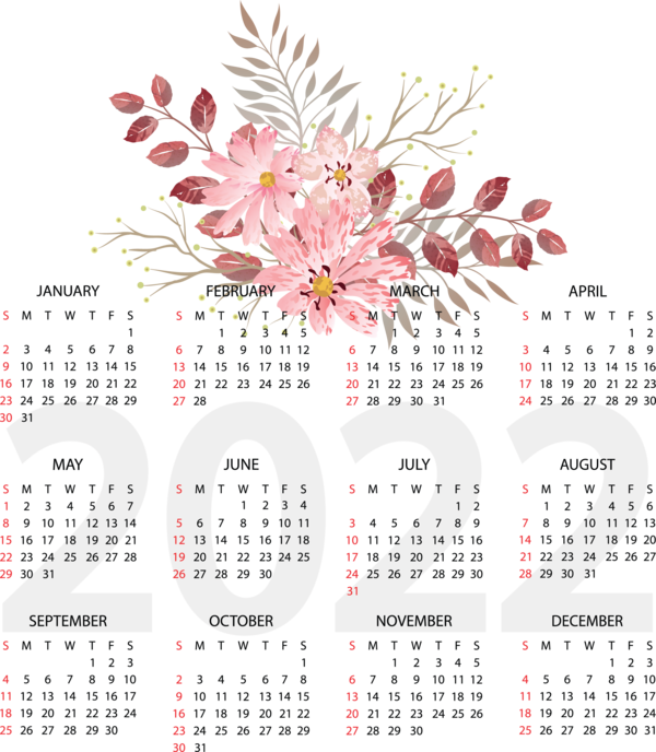 Transparent New Year Flower calendar Font for Printable 2022 Calendar for New Year