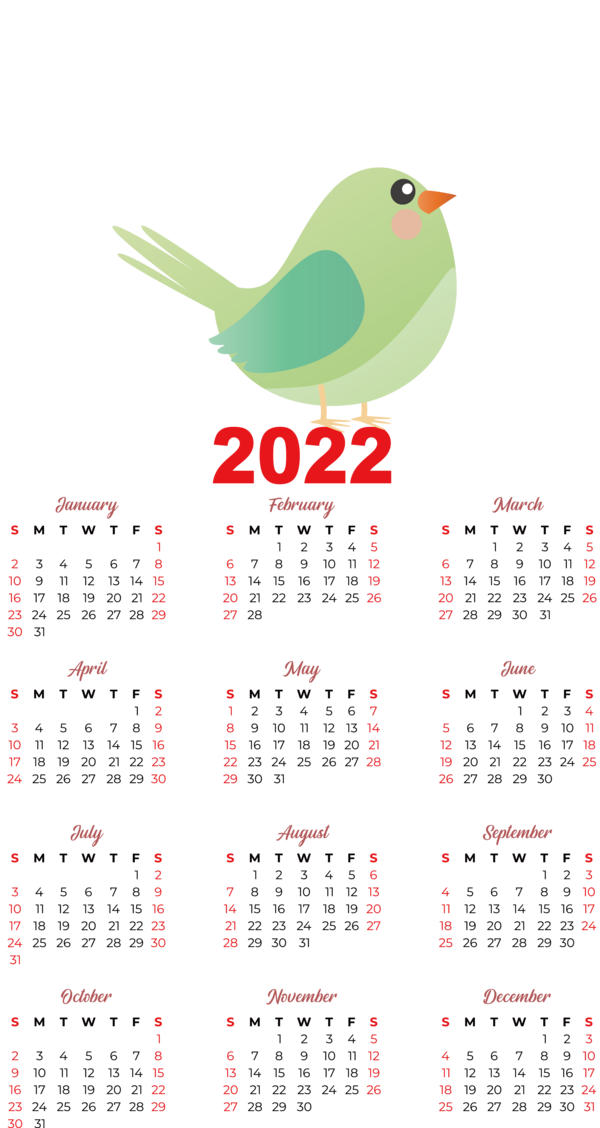 Transparent New Year Birds Beak calendar for Printable 2022 Calendar for New Year