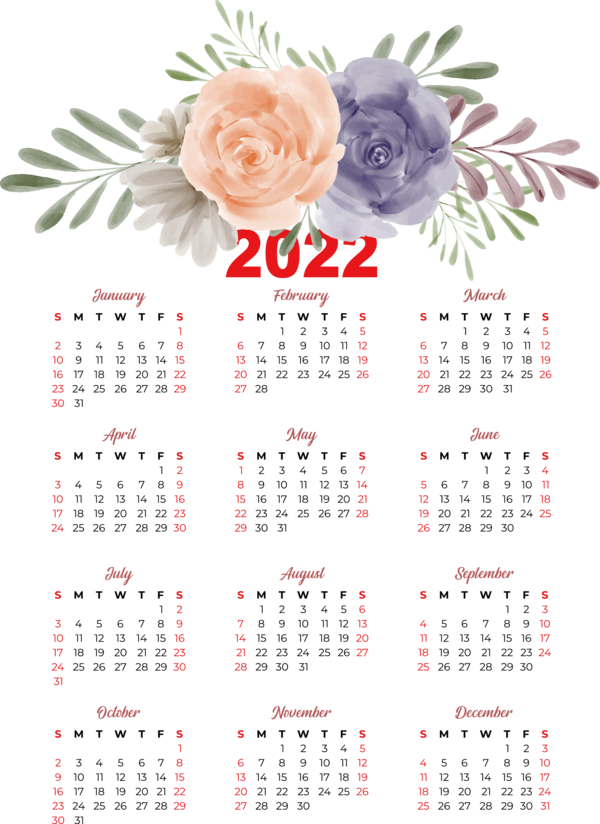 Transparent New Year Flower Floral design Flower bouquet for Printable 2022 Calendar for New Year