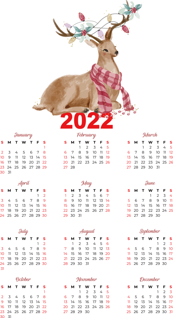 Transparent New Year Reindeer Antler calendar for Printable 2022 Calendar for New Year