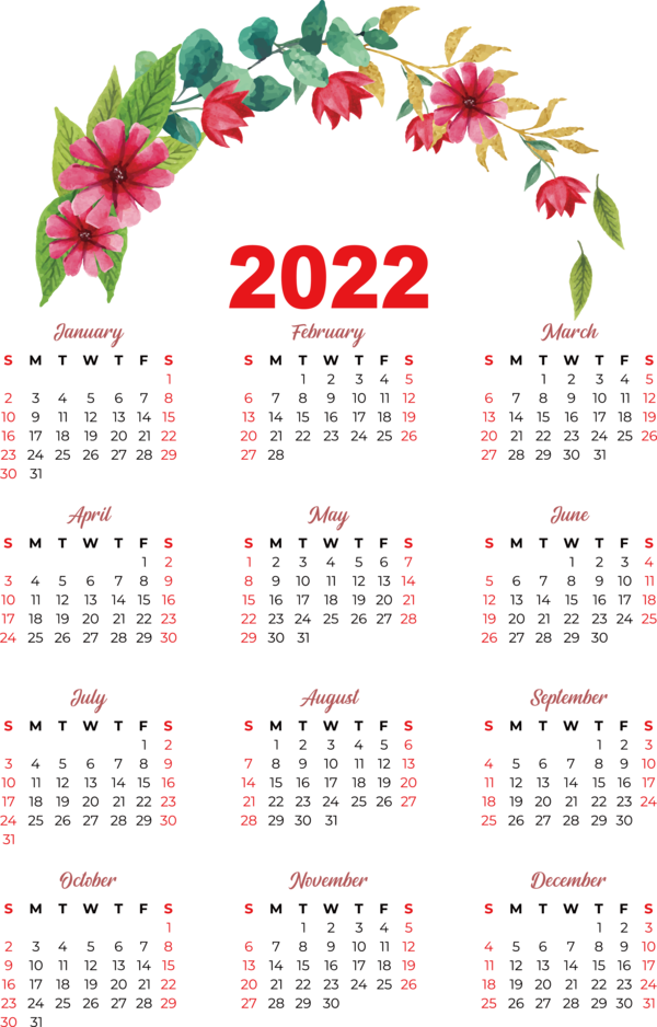 Transparent New Year calendar Calendar date Flower for Printable 2022 Calendar for New Year