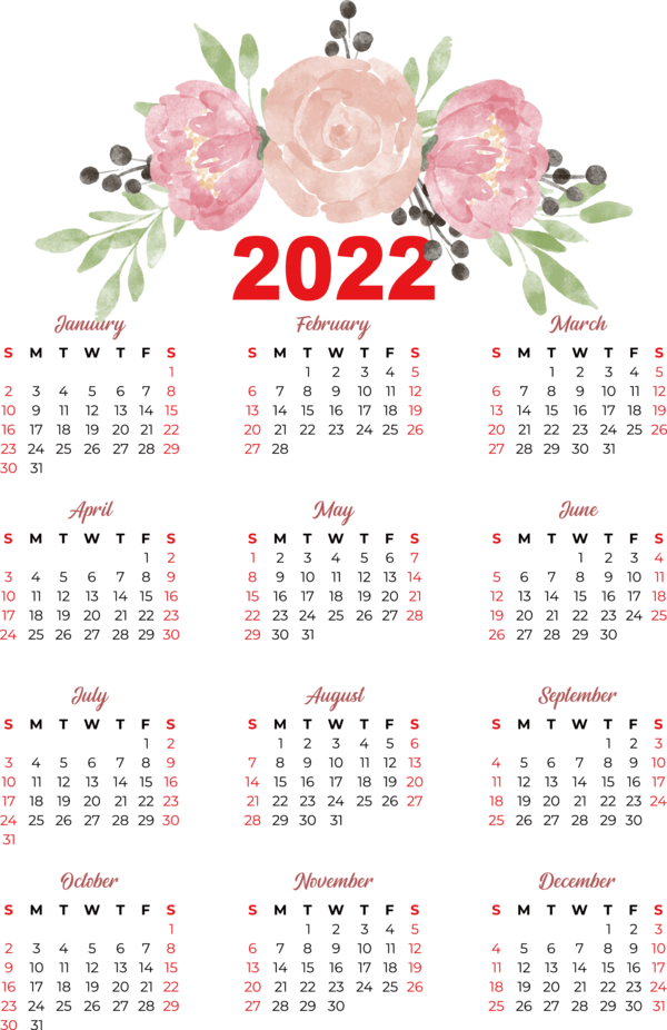 Transparent New Year Floral design Peony Flower for Printable 2022 Calendar for New Year
