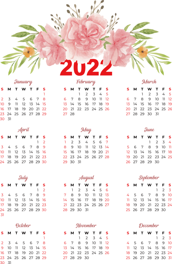 Transparent New Year calendar Flower Names of the days of the week for Printable 2022 Calendar for New Year