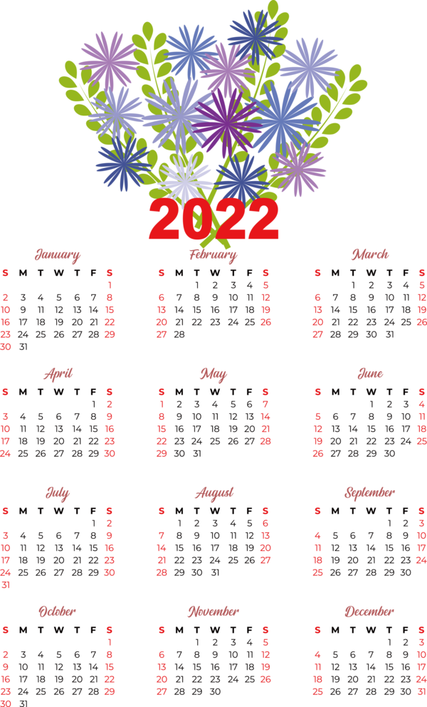 Transparent New Year Flower calendar Line for Printable 2022 Calendar for New Year