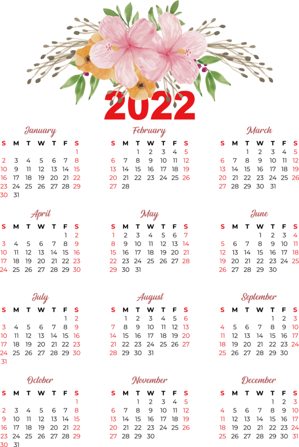 Transparent New Year Flower calendar Meter for Printable 2022 Calendar for New Year