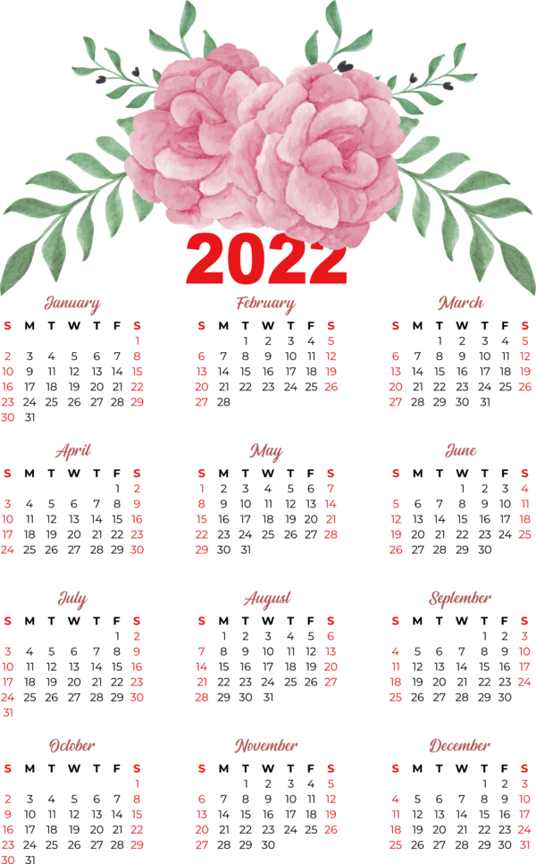 Transparent New Year Floral design Rose Flower for Printable 2022 Calendar for New Year