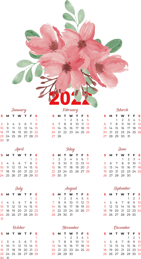 Transparent New Year Flower Monthly Calendars With Pics calendar for Printable 2022 Calendar for New Year