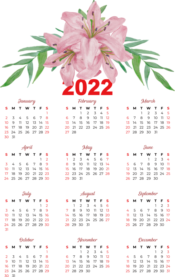 Transparent New Year Watercolor painting Flower Fleur-de-lis for Printable 2022 Calendar for New Year