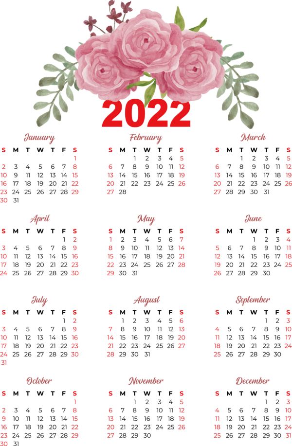 Transparent New Year Flower calendar Floral design for Printable 2022 Calendar for New Year