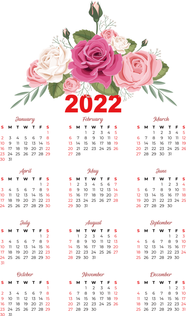 Transparent New Year Floral design Design calendar for Printable 2022 Calendar for New Year