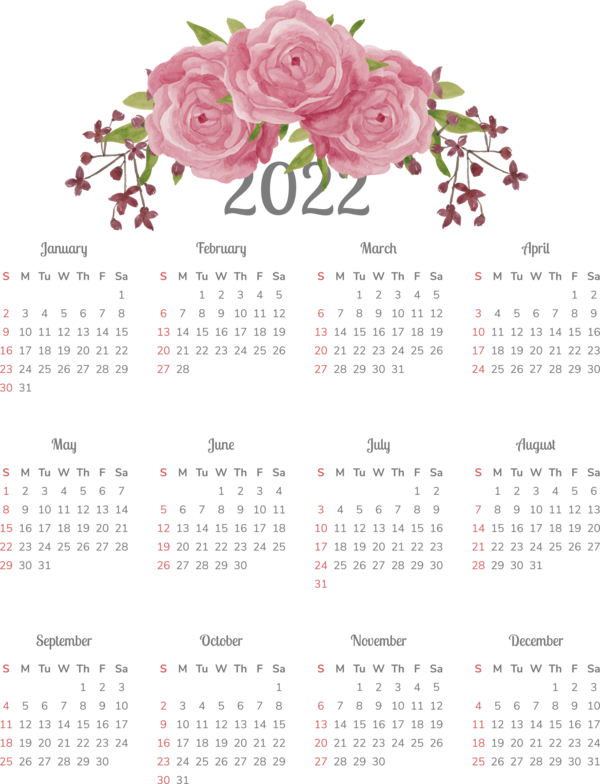 Transparent New Year Floral design calendar Design for Printable 2022 Calendar for New Year