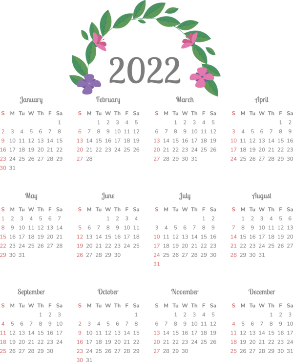 Transparent New Year calendar Design Font for Printable 2022 Calendar for New Year