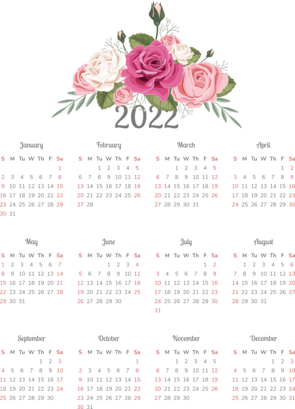 Transparent New Year Floral design Design calendar for Printable 2022 Calendar for New Year