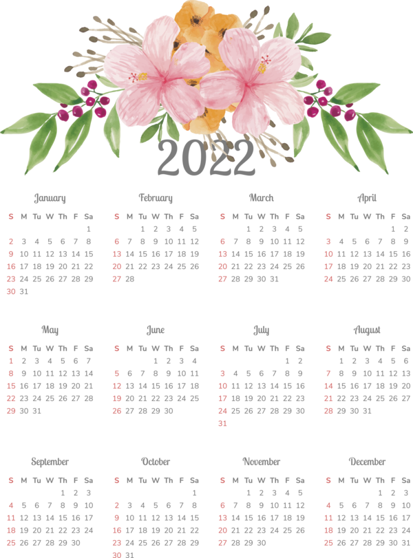 Transparent New Year Floral design Flower calendar for Printable 2022 Calendar for New Year