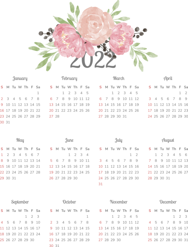 Transparent New Year calendar Flower Font for Printable 2022 Calendar for New Year