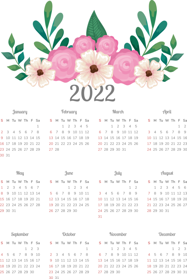 Transparent New Year Floral design calendar Design for Printable 2022 Calendar for New Year