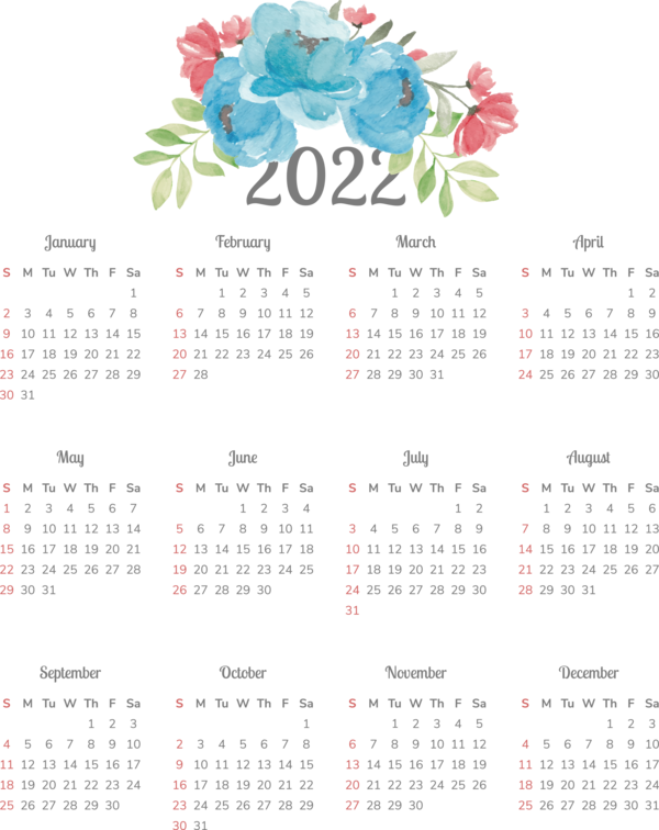 Transparent New Year calendar Font Flower for Printable 2022 Calendar for New Year