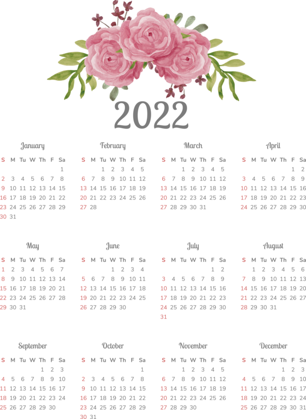 Transparent New Year calendar Floral design Design for Printable 2022 Calendar for New Year