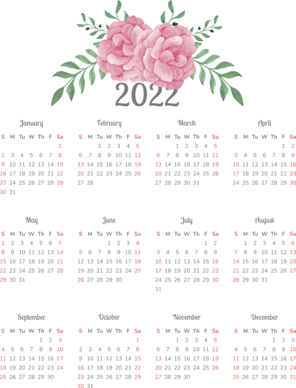 Transparent New Year calendar Font Flower for Printable 2022 Calendar for New Year