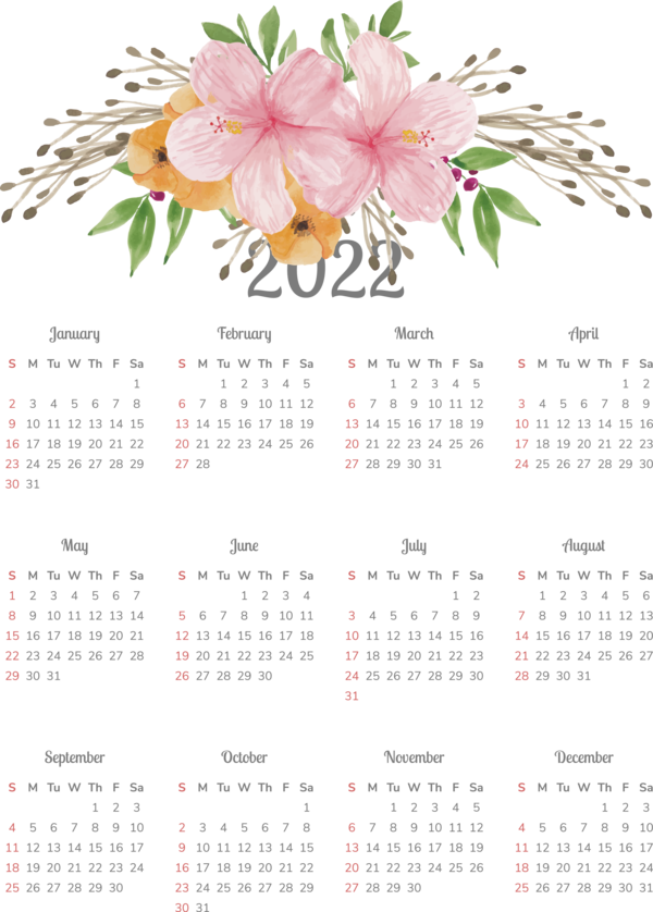 Transparent New Year Flower Floral design calendar for Printable 2022 Calendar for New Year