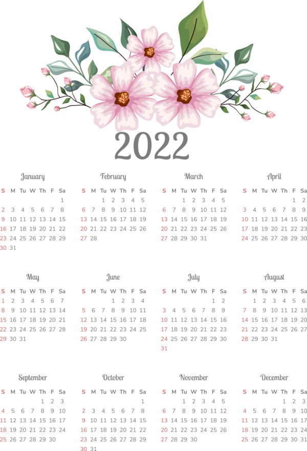 Transparent New Year calendar Floral design for Printable 2022 Calendar for New Year