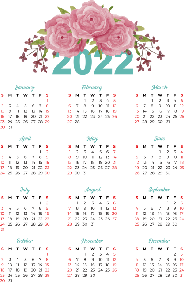 Transparent New Year calendar Flower Calendar for Printable 2022 Calendar for New Year