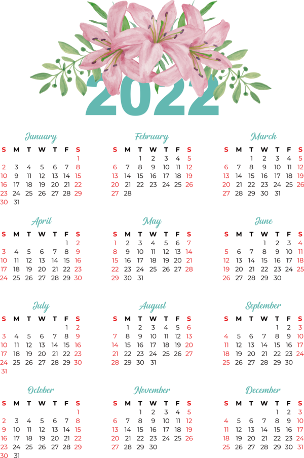 Transparent New Year calendar 일력 Julian calendar for Printable 2022 Calendar for New Year