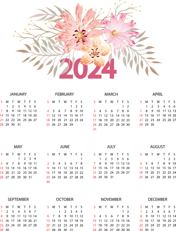 Transparent New Year calendar Names of the days of the week Julian calendar for Printable 2024 Calendar for New Year