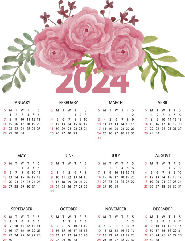 Transparent New Year Flower Rose Floral design for Printable 2024 Calendar for New Year