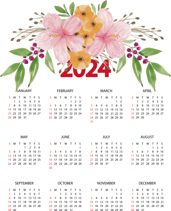 Transparent New Year Flower Watercolor painting Flower bouquet for Printable 2024 Calendar for New Year