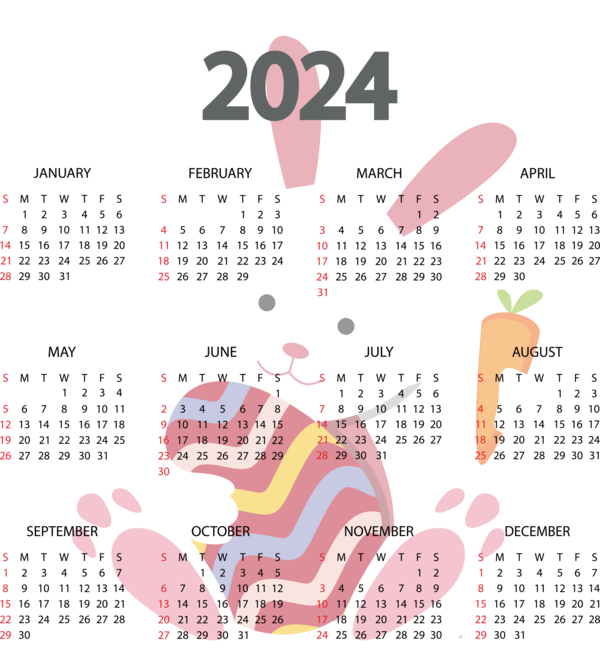 Transparent New Year Easter Bunny Christmas Rabbit for Printable 2024 Calendar for New Year