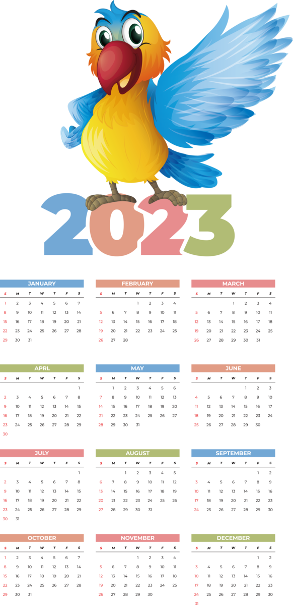 Transparent New Year Parrots Birds Macaw for Printable 2023 Calendar for New Year