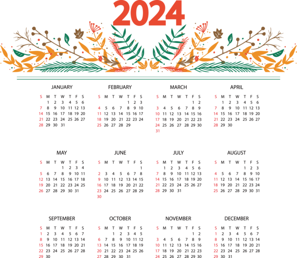 Transparent New Year calendar Line Design for Printable 2024 Calendar for New Year