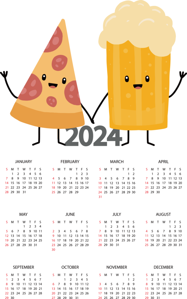 Transparent New Year Pizza Italian cuisine International Friendship Day for Printable 2024 Calendar for New Year