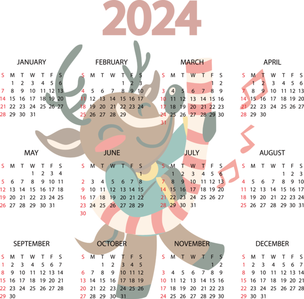 Transparent New Year Design Cartoon calendar for Printable 2024 Calendar for New Year