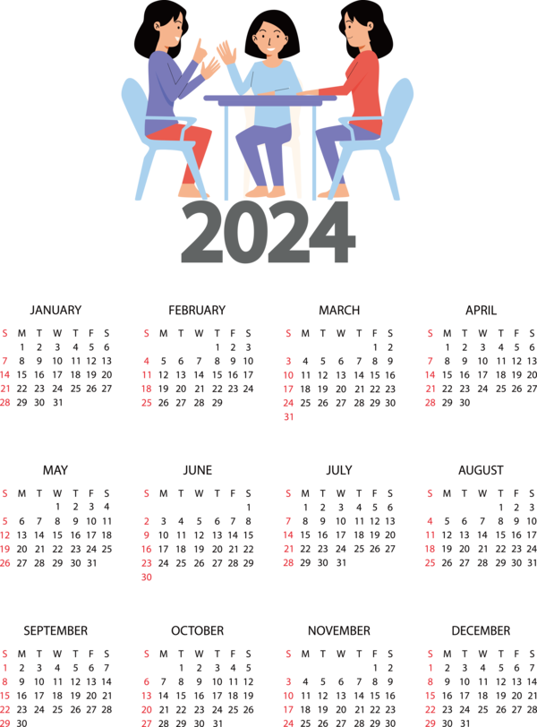 Transparent New Year Friendship calendar Cartoon for Printable 2024 Calendar for New Year