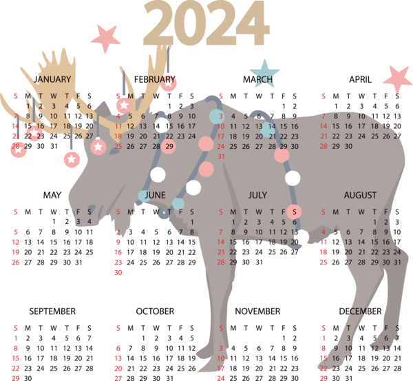 Transparent New Year calendar Line Cartoon for Printable 2024 Calendar for New Year