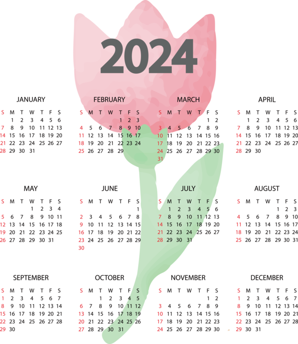 Transparent New Year calendar Design Font for Printable 2024 Calendar for New Year