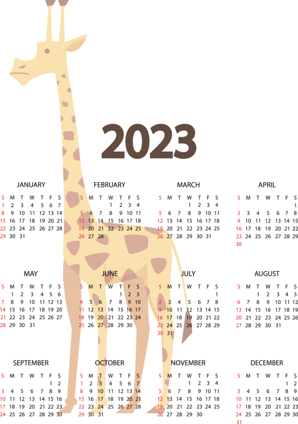 Transparent New Year Giraffe calendar Line for Printable 2023 Calendar for New Year