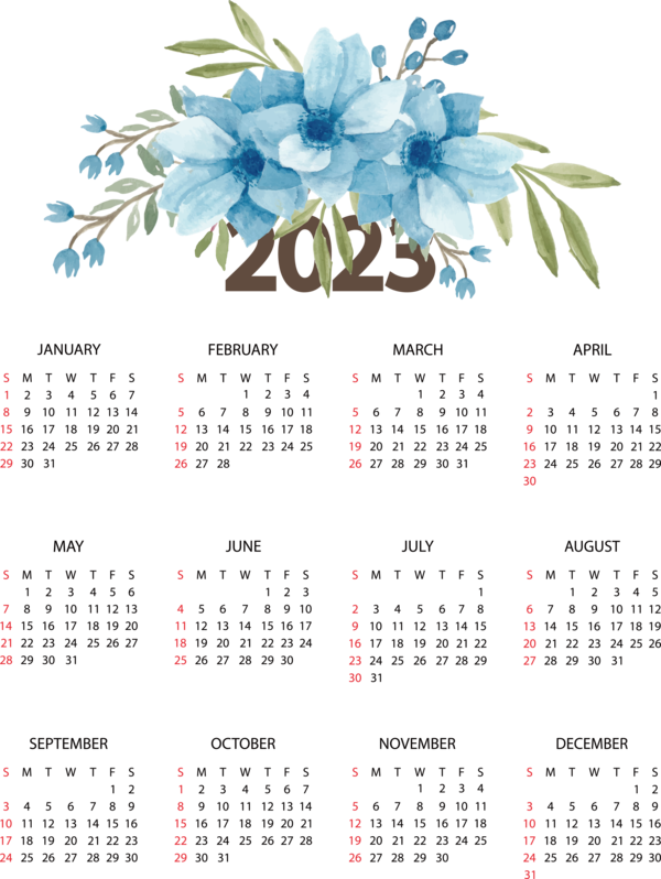Transparent New Year Flower calendar Font for Printable 2023 Calendar for New Year