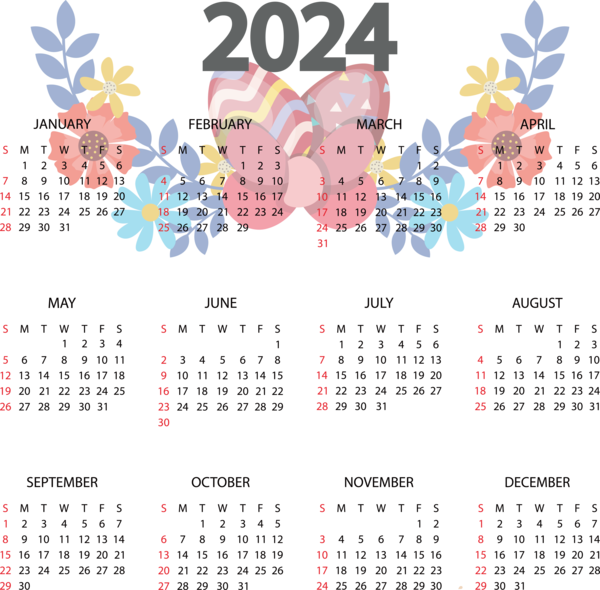Transparent New Year calendar Line Font for Printable 2024 Calendar for New Year