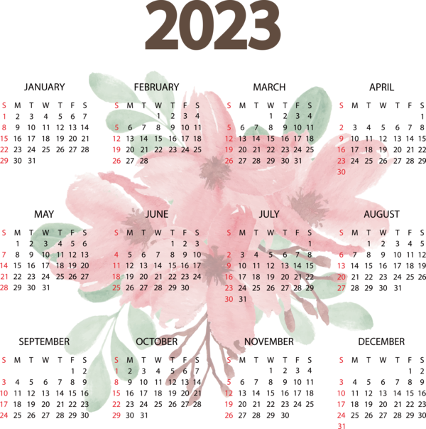Transparent New Year calendar Flower Font for Printable 2023 Calendar for New Year
