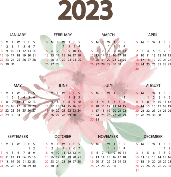 Transparent New Year calendar Line Flower for Printable 2023 Calendar for New Year