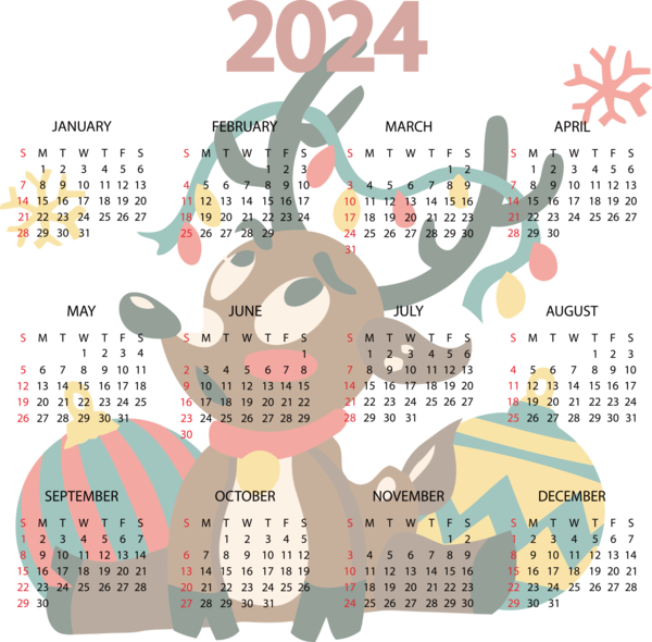 Transparent New Year Design Cartoon calendar for Printable 2024 Calendar for New Year