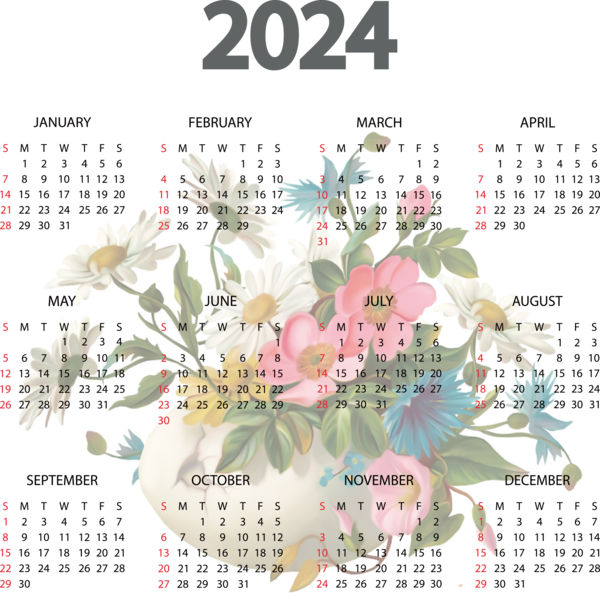 Transparent New Year Floral design Flower Design for Printable 2024 Calendar for New Year