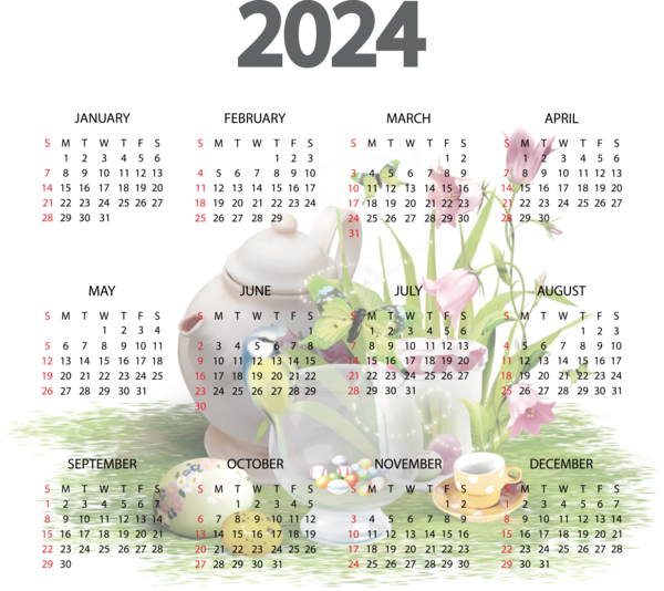 New Year Flower calendar Line for Printable 2024 Calendar free download