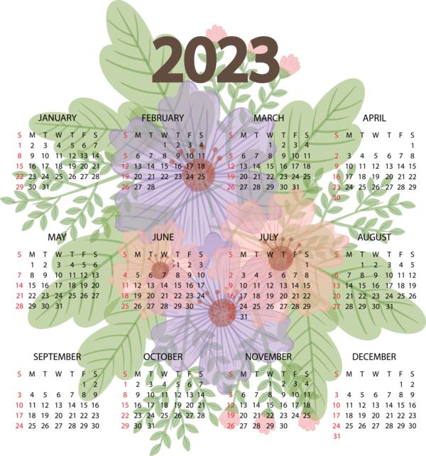 Transparent New Year Leaf Design Floral design for Printable 2023 Calendar for New Year