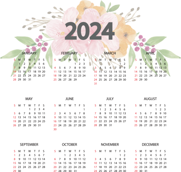 Transparent New Year calendar Font Flower for Printable 2024 Calendar for New Year