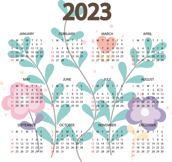 Transparent New Year Flower Design Text for Printable 2023 Calendar for New Year