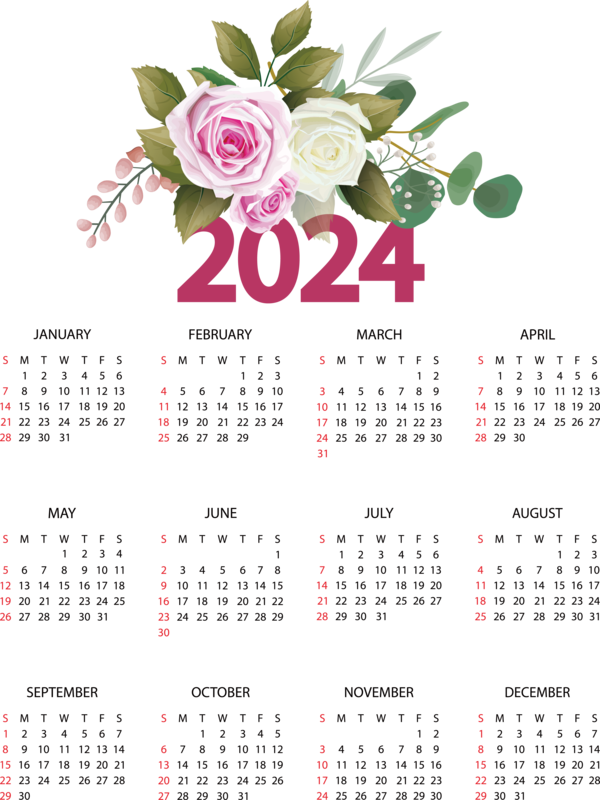 Transparent New Year calendar Floral design Design for Printable 2024 Calendar for New Year